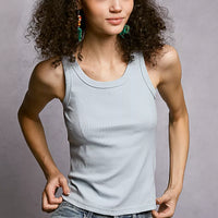 Powder blue ribbed round-neck sleeveless tank top with fitted waist