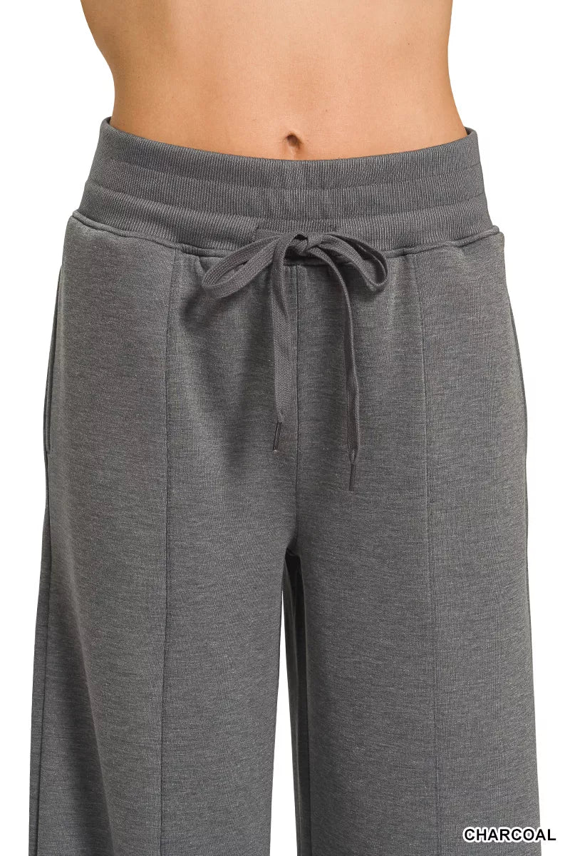 Charcoal wide-leg pants with drawstring tie and elastic waistband