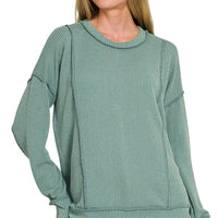 Jade corded rib long-sleeve top with crew round neck, ribbed cuffs and hem