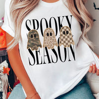 Women's white crew-neck graphic T-shirt with ghost trio and 'Spooky Season' text