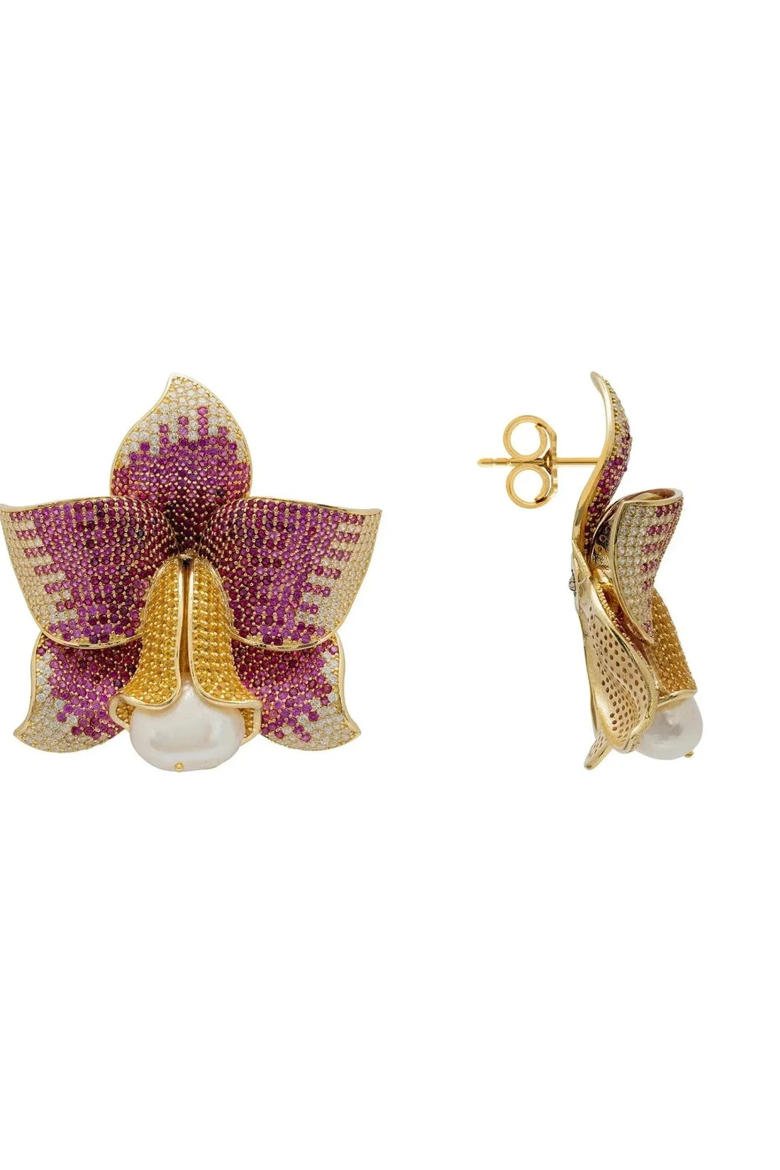 Gold-tone daffodil floral earrings with faux pearl drops and pink CZ sparkle, pair view