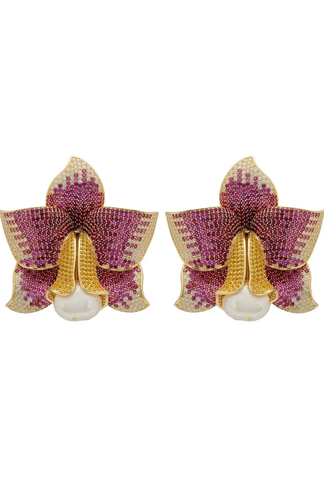 Gold-tone daffodil floral stud earrings with faux pearl drop and pink CZ accents