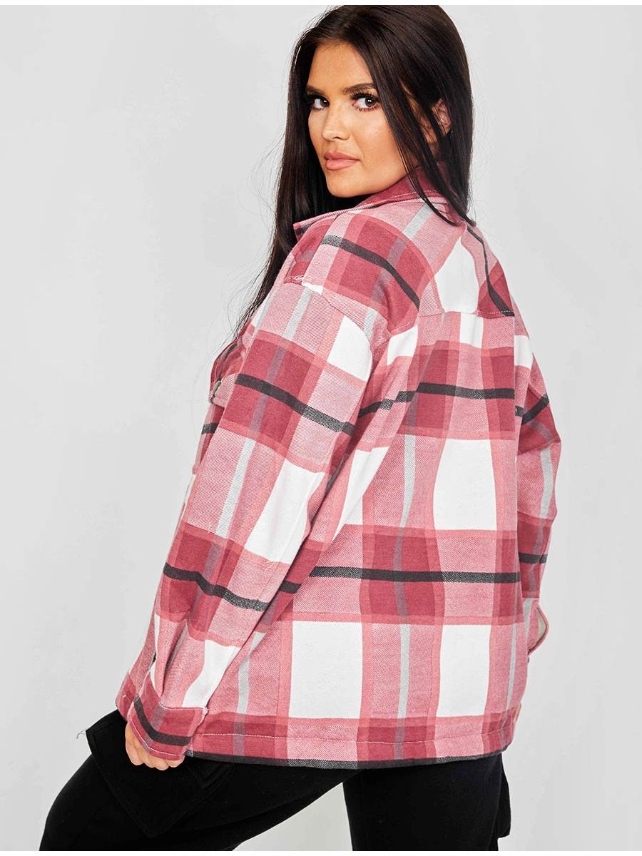 Plaid shacket for women in pink and white with button front and long sleeves