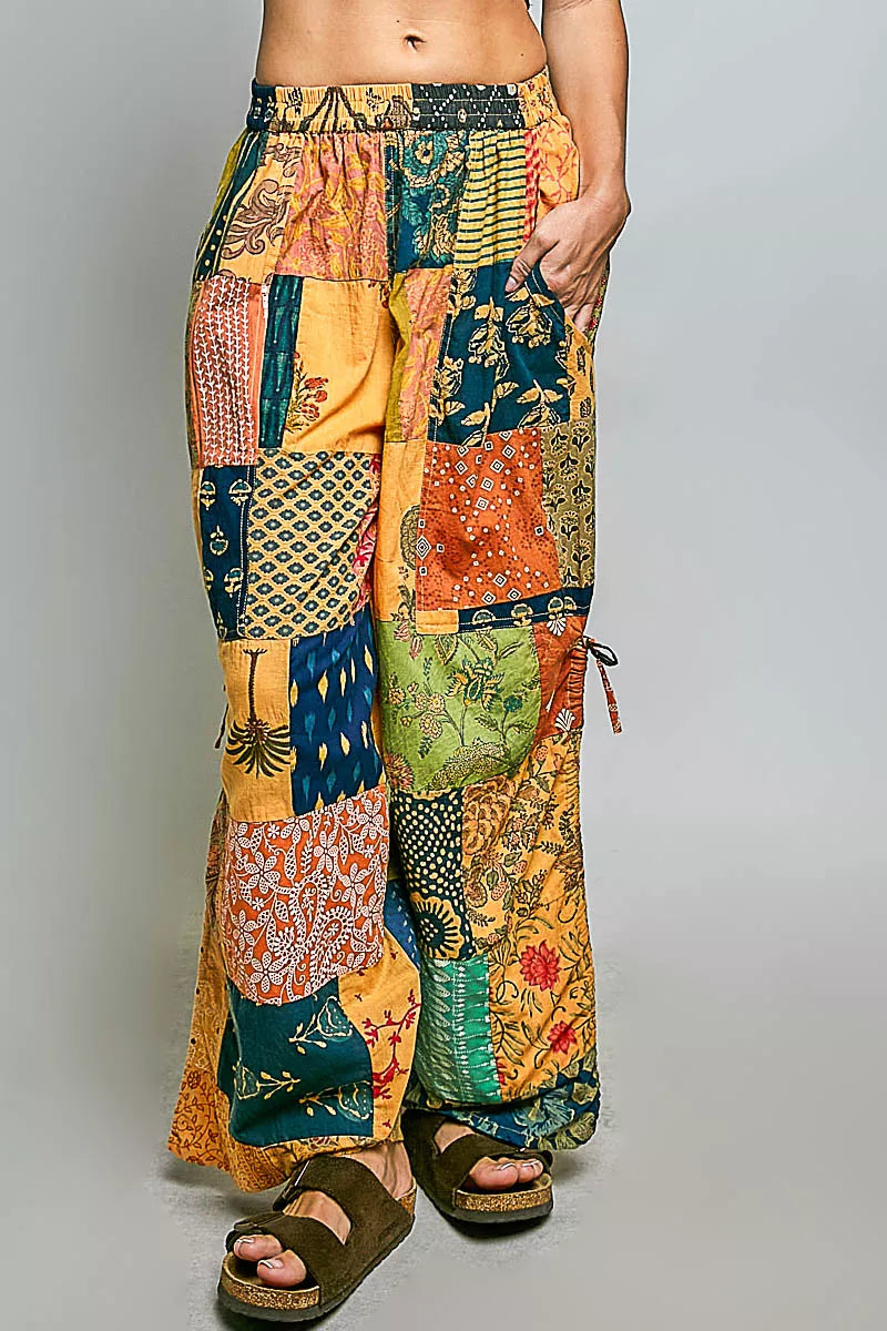 Printed patchwork wide-leg pants in honey multi, with adjustable side drawstring