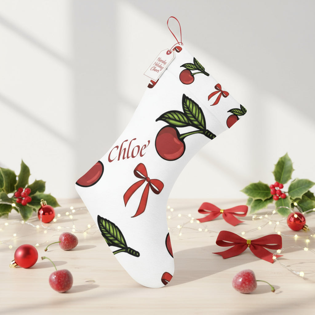 White Christmas Stockings Personalized | Custom Cherry & Red Bow Decor