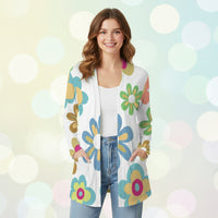 White Multicolor Cardigan Floral Print, Flower Pattern Sweater (S-2XL)