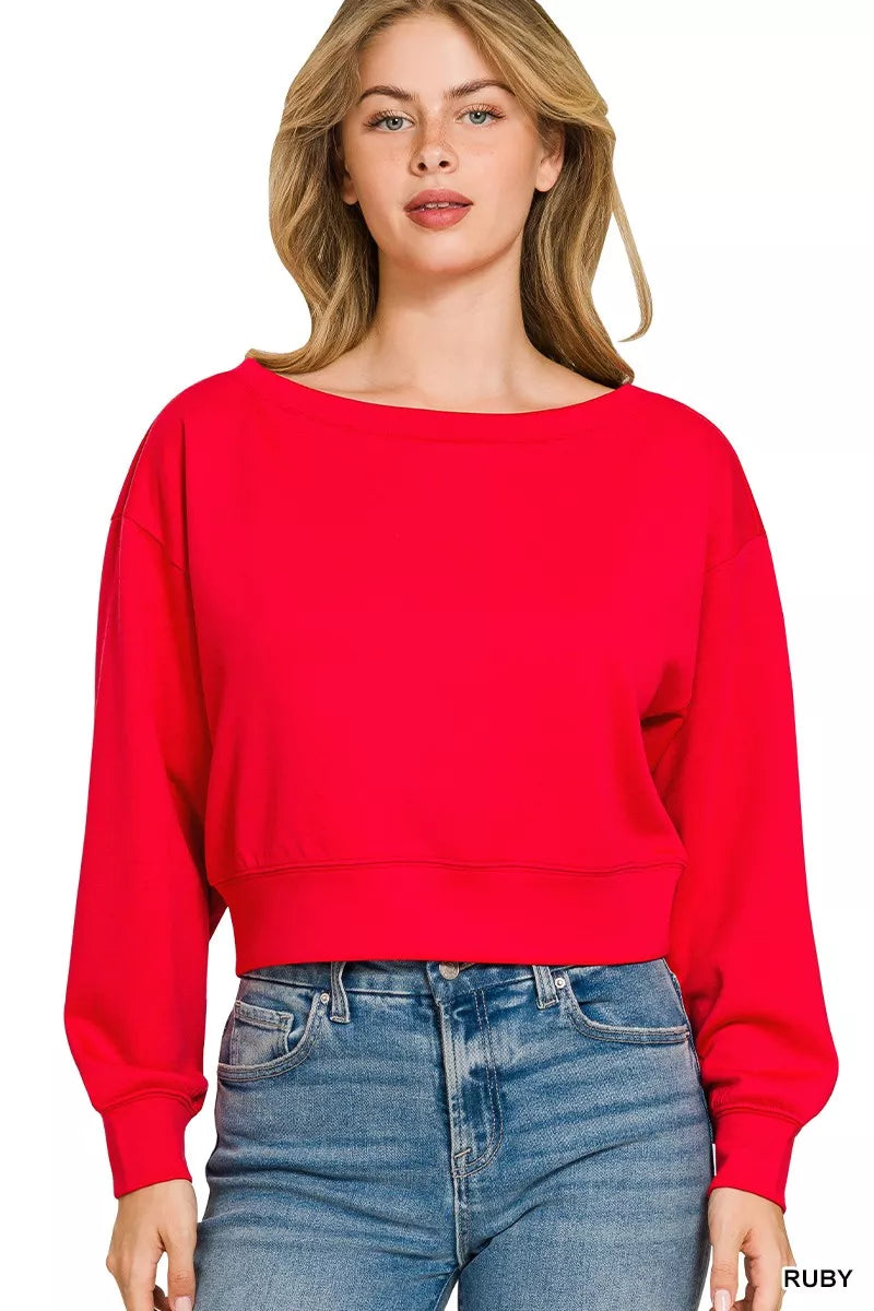 Ruby red cropped sweatshirt with boat neck and long balloon sleeves, ribbed hem