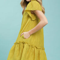 Avocado textured mini dress with cap sleeves and tiered ruffle skirt hem