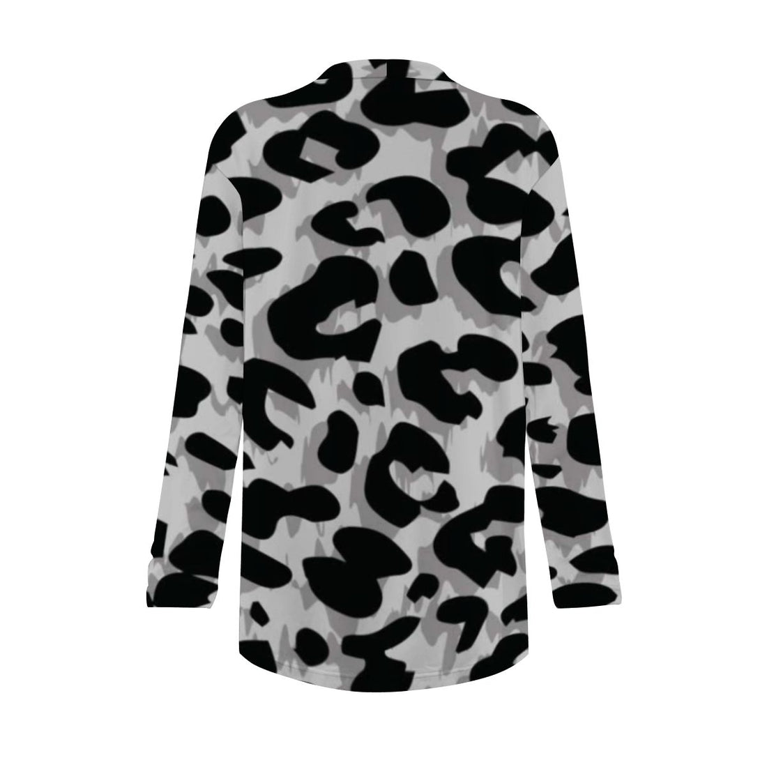 Grey Leopard Print Open-Front Cardigan with Pockets