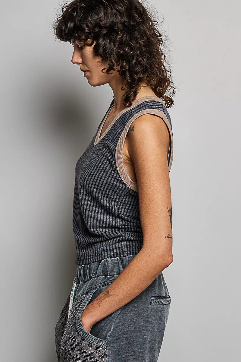 Ribbed V-neck sleeveless tank, dark charcoal, side view with contrast neckline trim