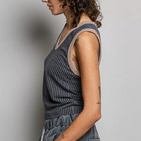 Ribbed V-neck sleeveless tank, dark charcoal, side view with contrast neckline trim