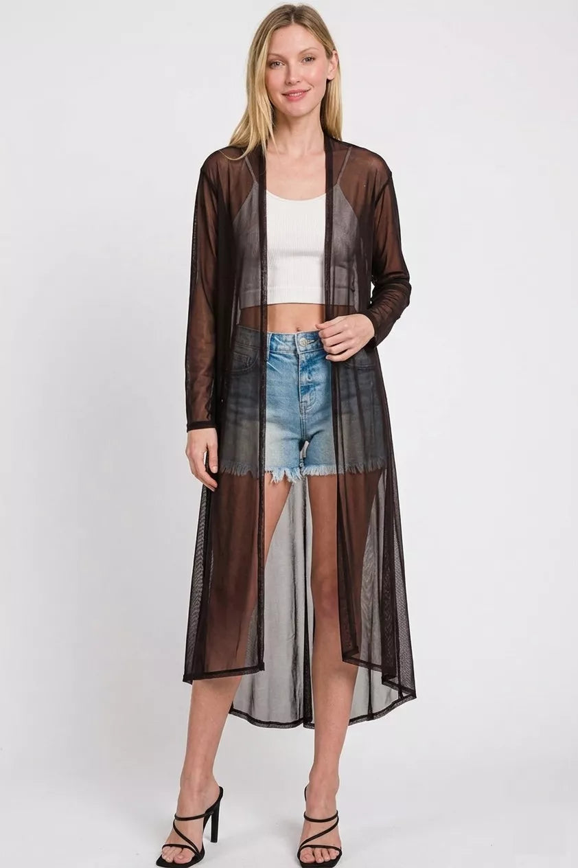 Black sheer mesh open-front cardigan with long sleeves, midi length