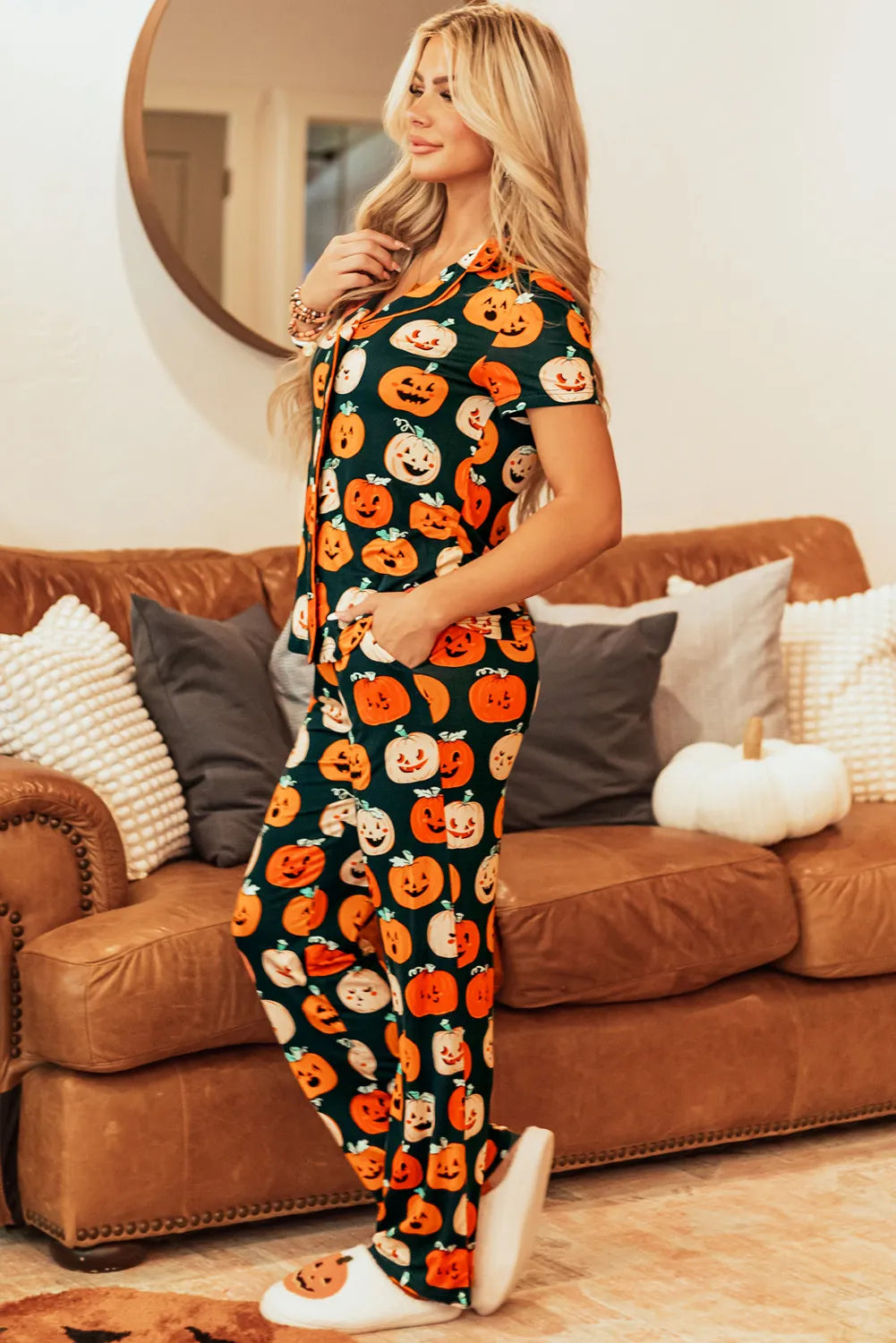 Orange and dark green pumpkin-printed short-sleeve lounge top and matching pants