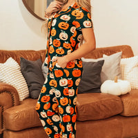 Orange and dark green pumpkin-printed short-sleeve lounge top and matching pants