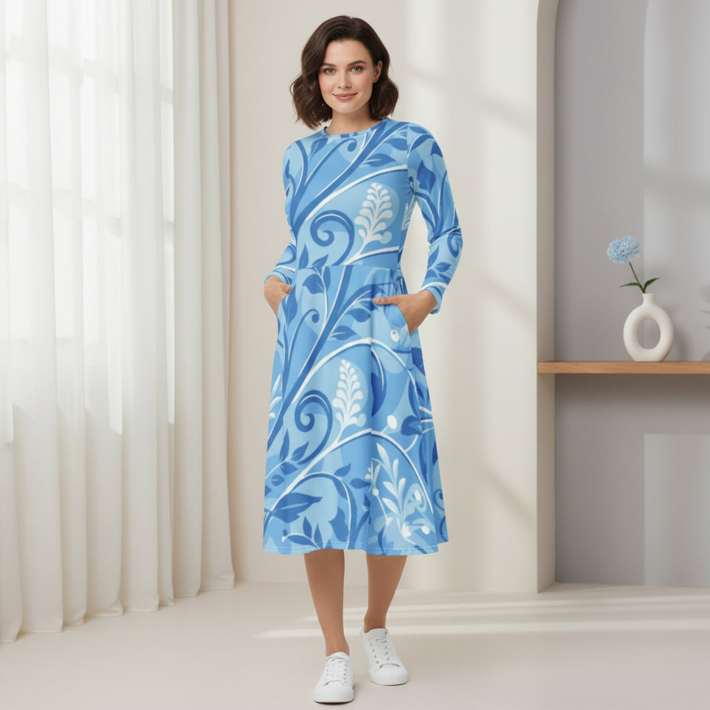 Cobalt Swirl Blue Floral Dress | Light Blue White Midi