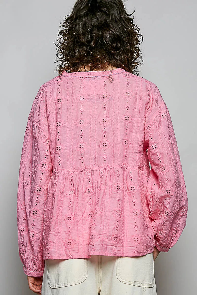 Pink eyelet lace cotton blouse back view with gathered yoke and long puff sleeves