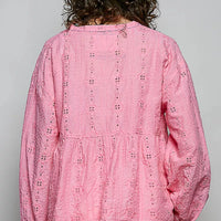 Pink eyelet lace cotton blouse back view with gathered yoke and long puff sleeves