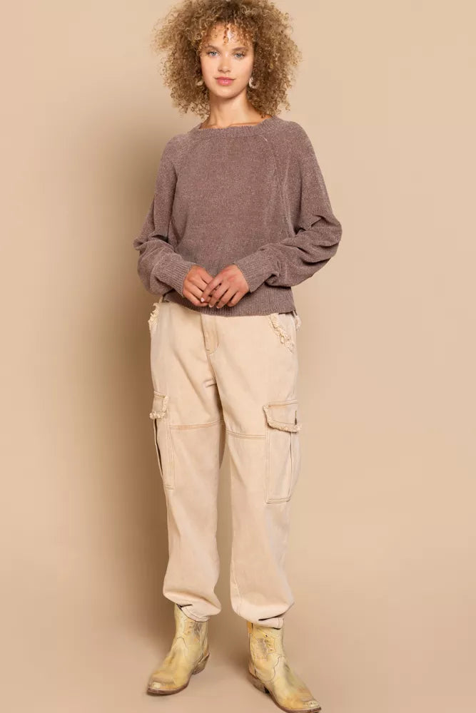 Chocolate brown backless knit sweater with round neck and ribbed cuffs, full view