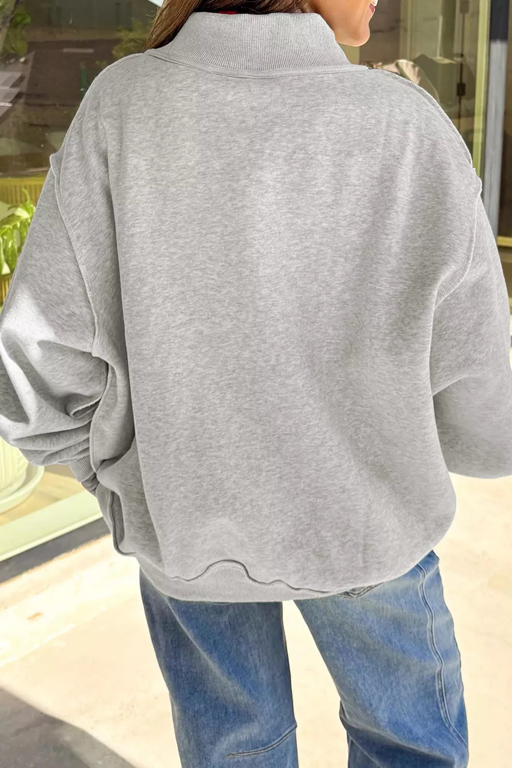 Reversible light gray mock neck tunic sweatshirt, plain back view