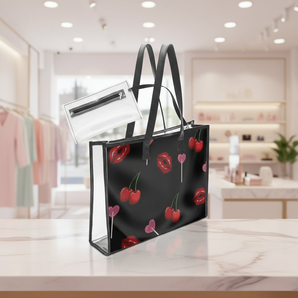 Clear PVC Tote Bags | Personalized Black Cherry Lips Stadium Bag