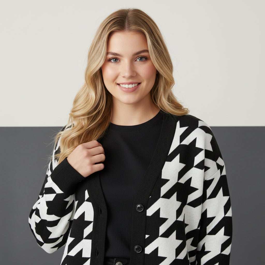 Houndstooth Cardigan | Unisex Aesthetic Preppy Jacquard Knit