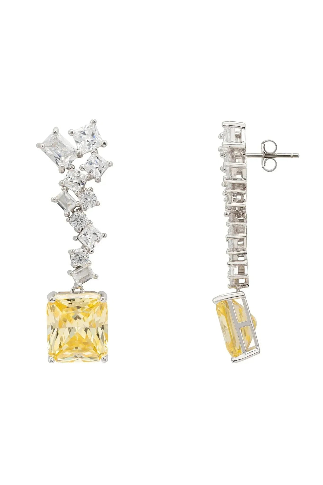 Silver drop earrings with stud backs: yellow topaz square and crystal row