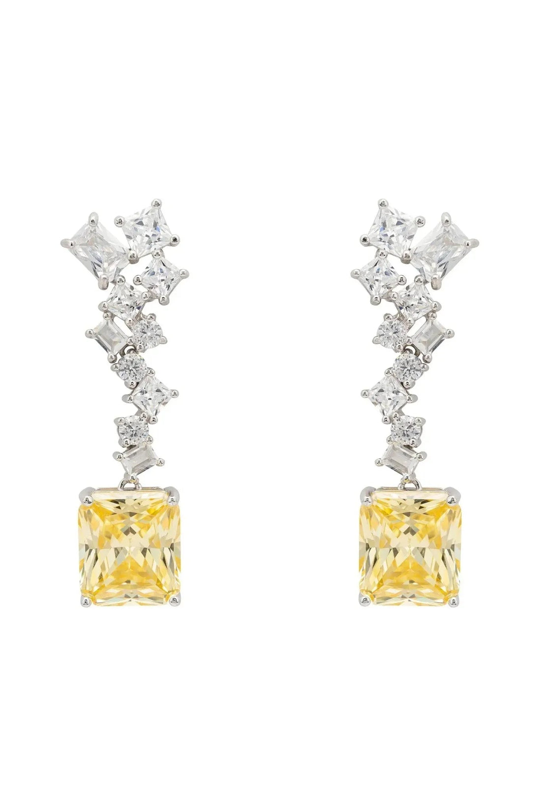 Silver drop earrings with lemon-yellow square topaz and white crystal clusters