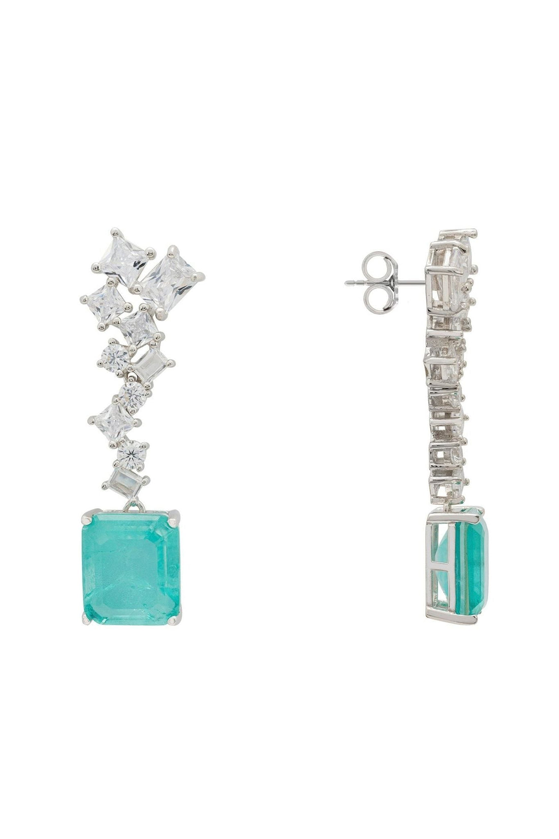 Silver drop earrings with turquoise emerald-cut stone and baguette crystal row
