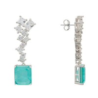 Silver drop earrings with turquoise emerald-cut stone and baguette crystal row