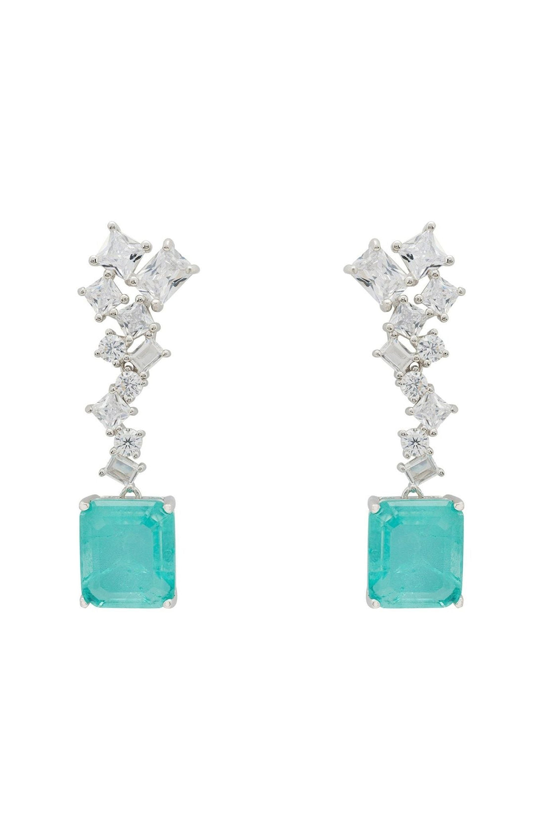 Silver drop earrings with turquoise square gemstone and star-cut accents