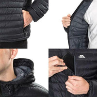 Men's down jacket details showing pockets, hood lining and a zip chest pocket holding a phone
