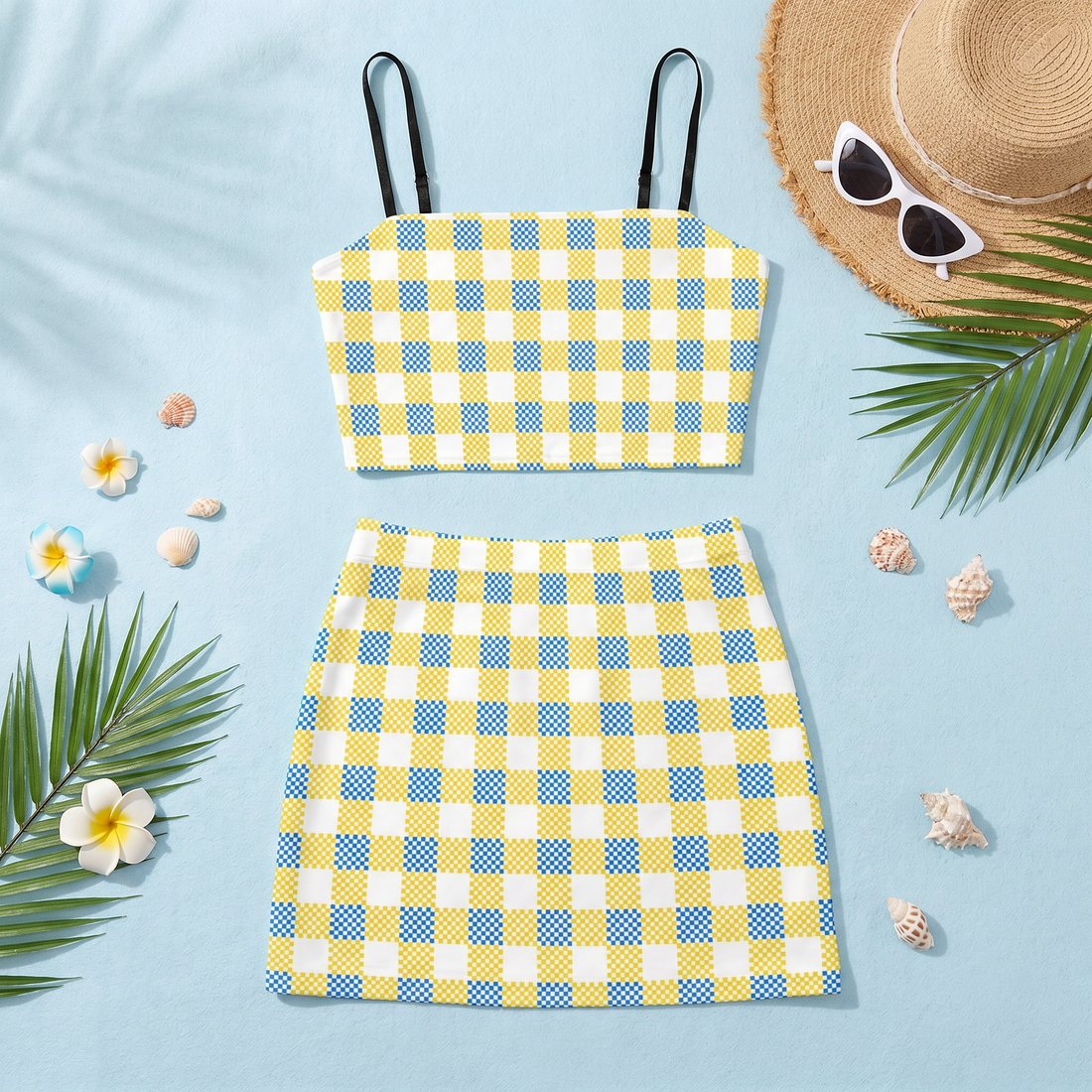 Yellow Blue and White Gingham Co Ord Set - Women&