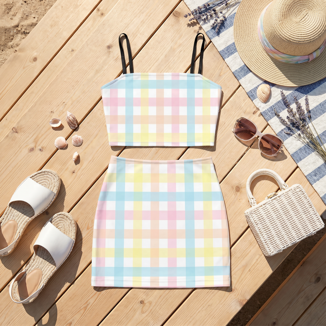 Pastel Multi Colour Gingham Co Ord Set - Women&