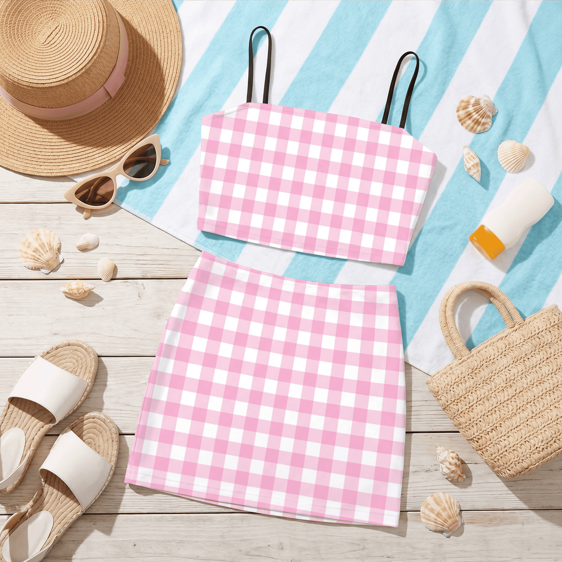 Baby Pink and White Gingham Co Ord Set - Women&