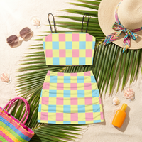 Retro Green Orange Yellow Checkerboard Co Ord Set - Women's Crop Tank Top & Checkered Mini Skirt