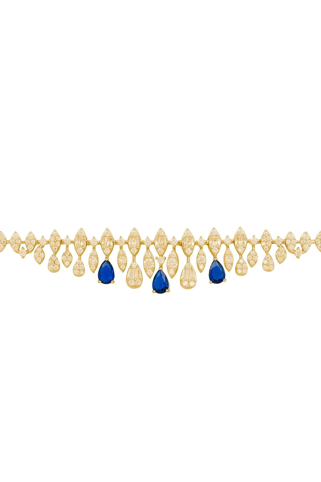 Gold tennis bracelet with sapphire teardrop drops