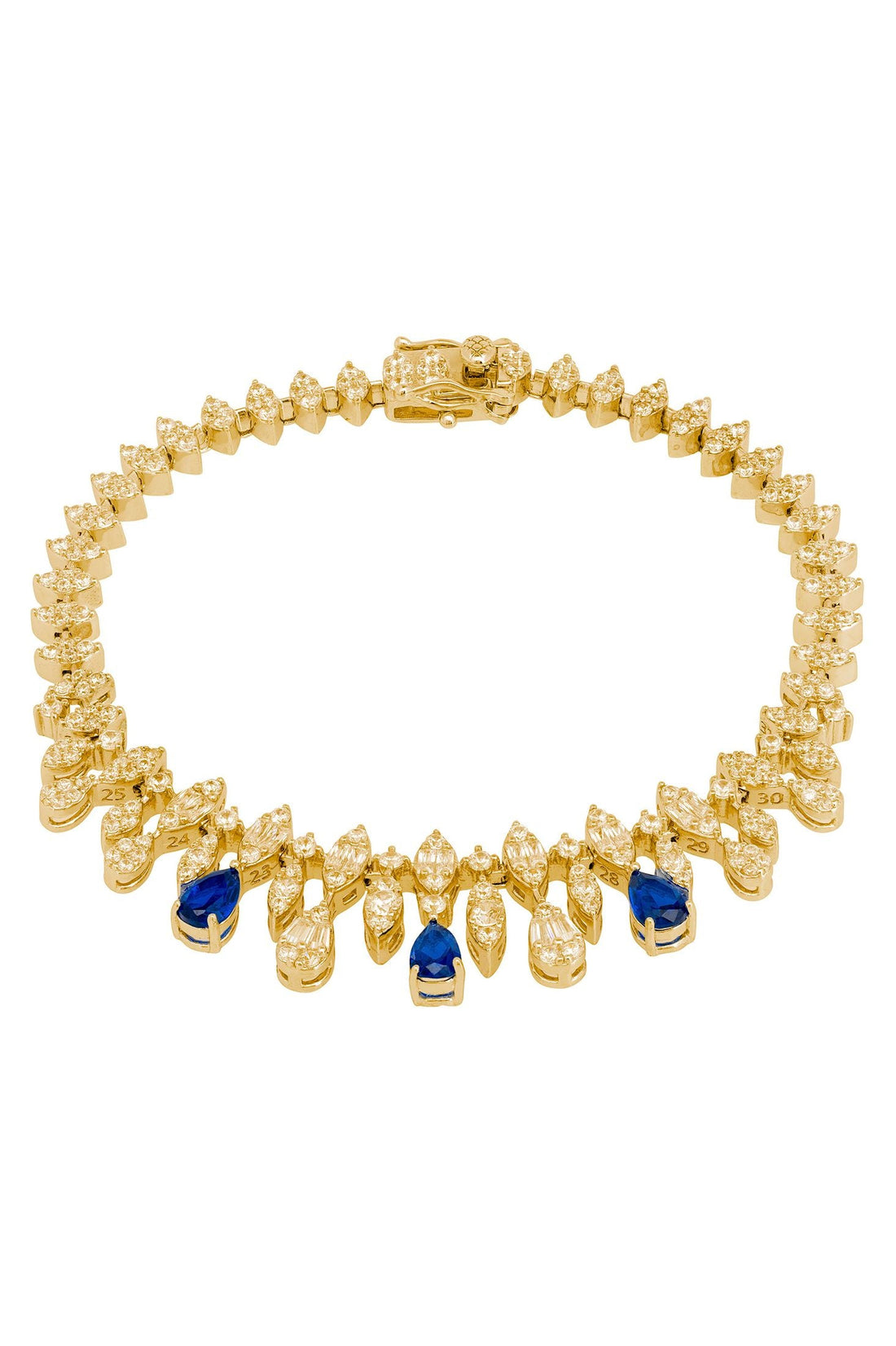 Gold tennis bracelet with blue teardrop stones, gold links, and secure clasp