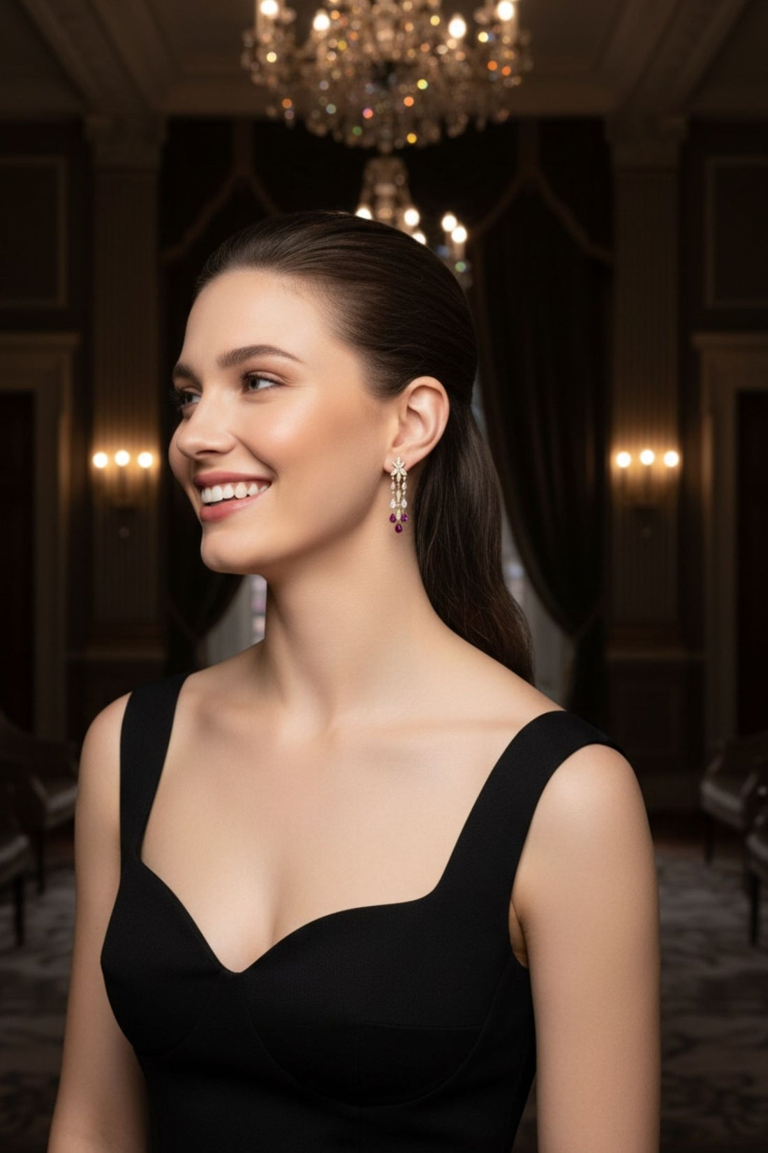 Gold drop earrings with crystal floral top and purple teardrop dangle on model