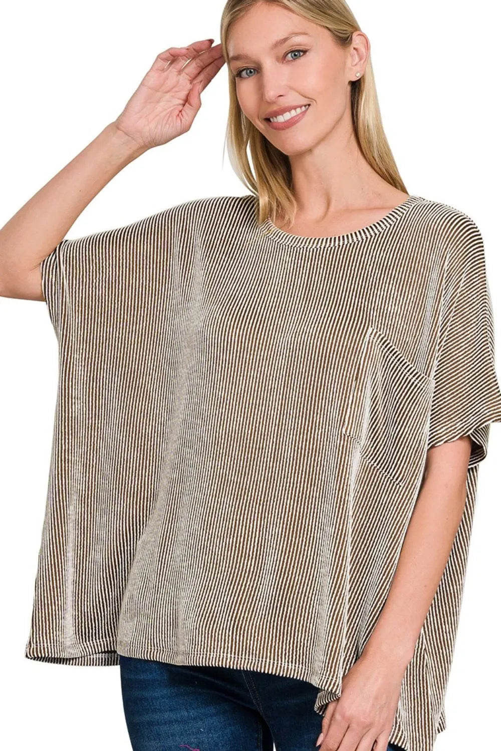 Oversized striped short-sleeve top with crew neck and ribbed corded texture, brown