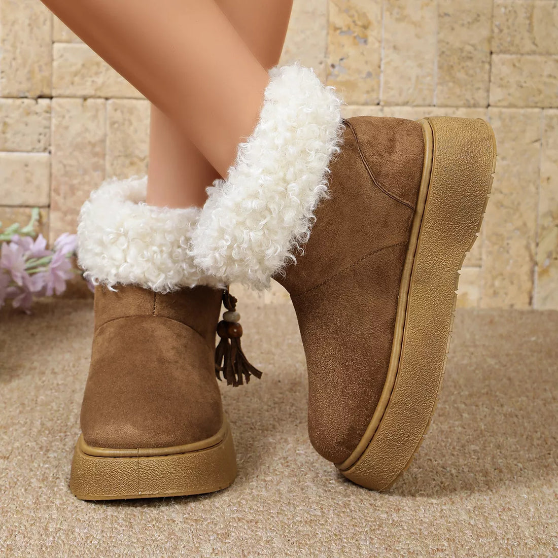 Faux fur lined suede ankle boots, round toe, camel-brown with fluffy collar and tassel charm