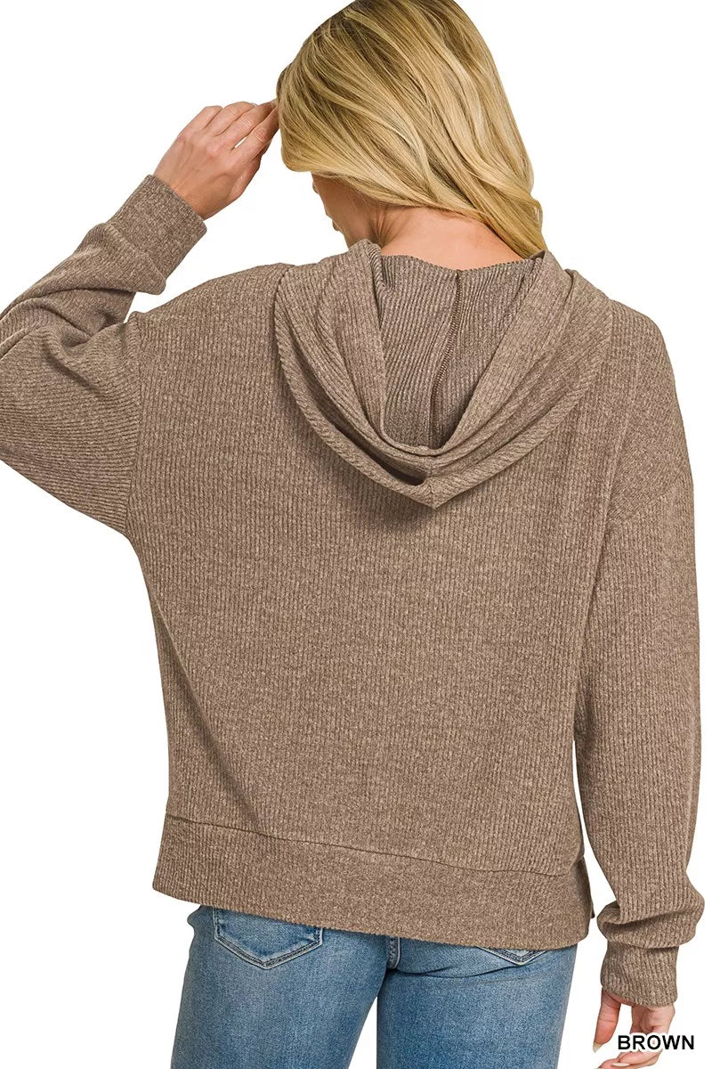Brown hoodie back view with hood, long sleeves, and ribbed knit hem