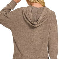 Brown hoodie back view with hood, long sleeves, and ribbed knit hem