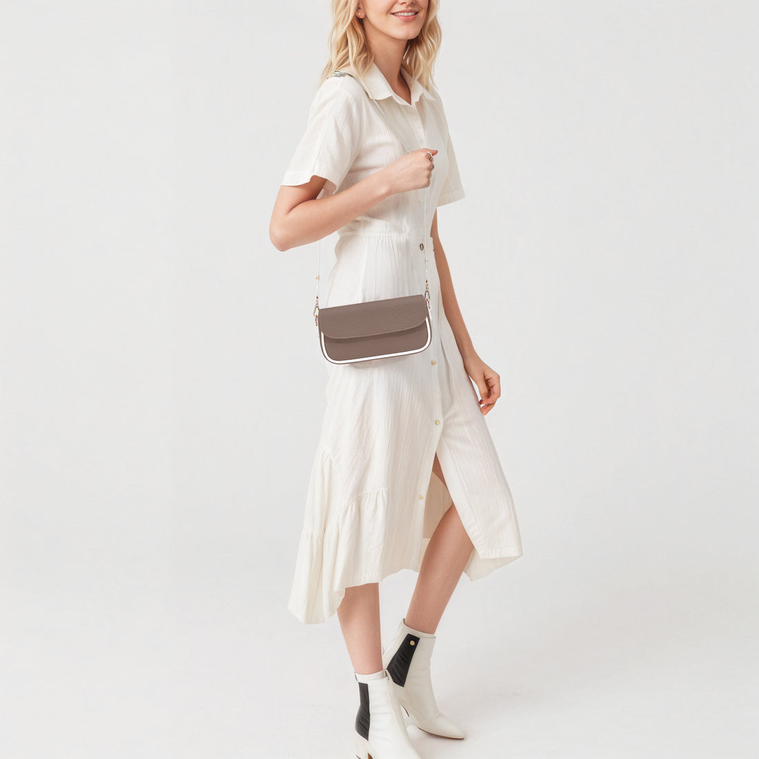 Brown leather small shoulder bag with flap closure and gold chain crossbody strap
