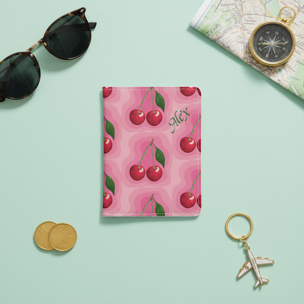 Cover for Passport Pink | Personalized Cherry & Green PU Leather Travel Sleeve