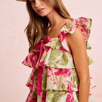 Floral ruffle square-neck top with bow tie, off-shoulder look and pink-green rose print