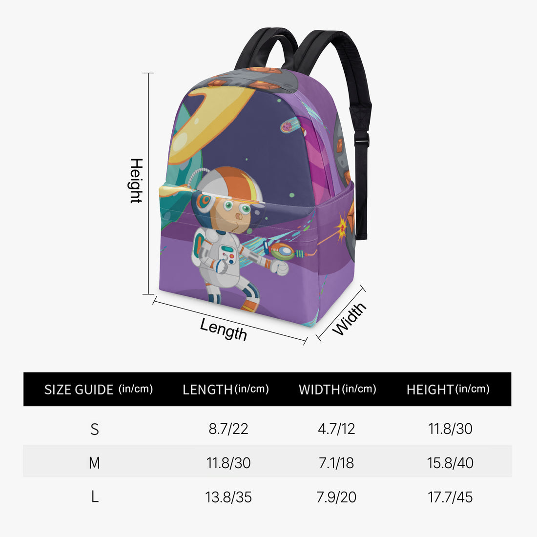 Canvas kids backpack size chart shown with purple space astronaut graphic; length, width, height