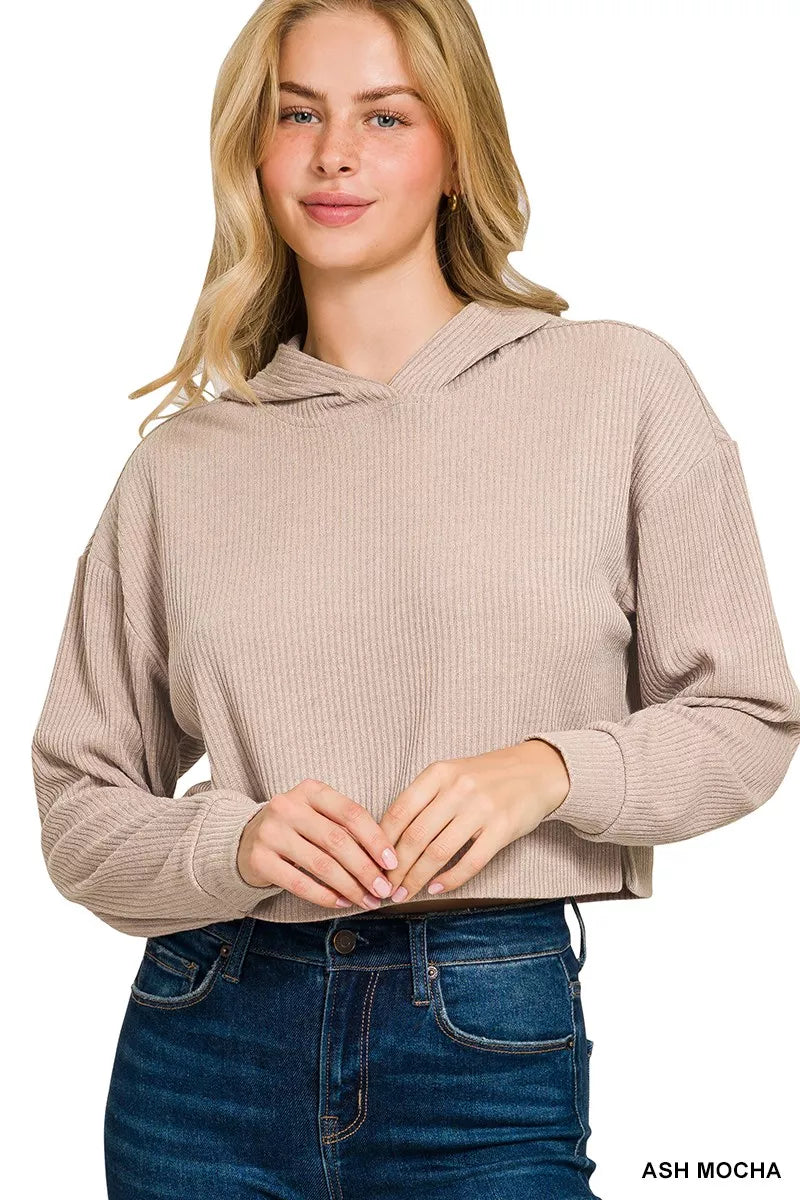 Ash mocha ribbed crop hoodie with hood and kangaroo pocket, drop-shoulder