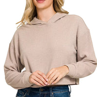 Ash mocha ribbed crop hoodie with hood and kangaroo pocket, drop-shoulder