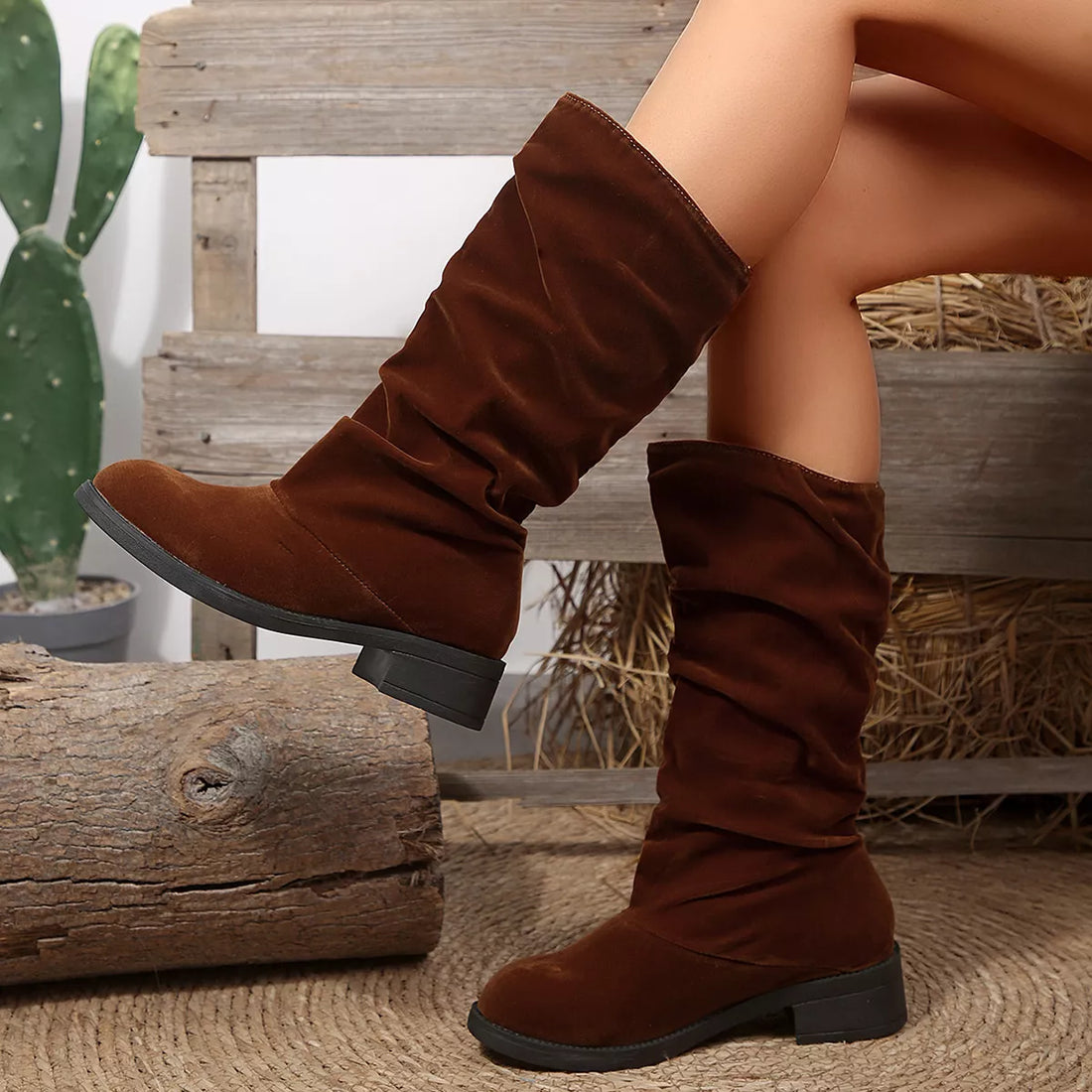 Brown suede round-toe block heel knee boots with ruched pull-on shaft