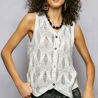 Off-white knit sweater vest, sleeveless V-neck with button placket and ribbed trim